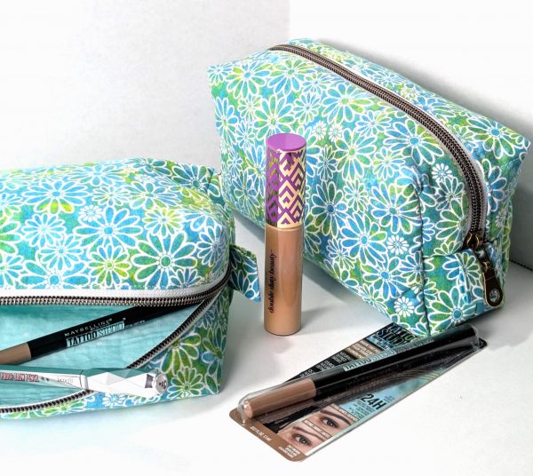 Quilted Makeup Bag Handmade Blue Green Flower Power