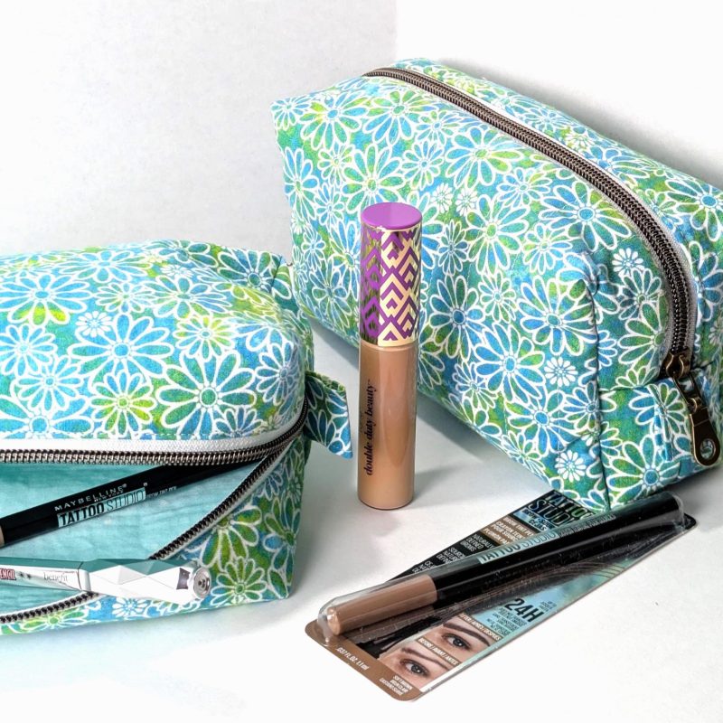 Quilted Makeup Bag Handmade Blue Green Flower Power