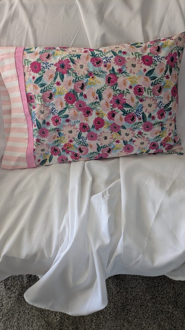 Handmade Cotton Pillowcase – Standard/Queen Size – Pink Floral & Stripe – Holiday or Birthday Gift - Image 6
