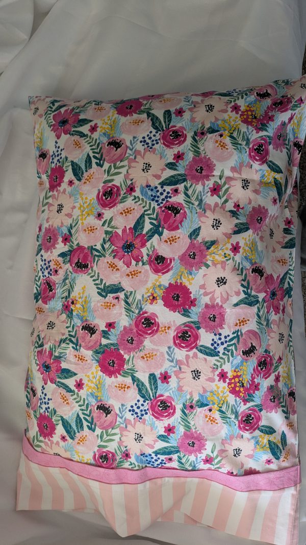 Handmade Cotton Pillowcase – Standard/Queen Size – Pink Floral & Stripe – Holiday or Birthday Gift - Image 2