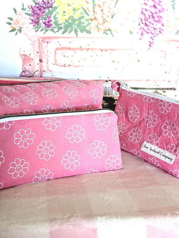 Peachy Pink Flower Power Quilted Pencil Case Handmade - Image 2