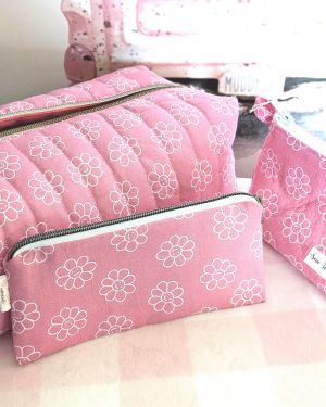 Peachy Pink Flower Power Quilted Pencil Case Handmade