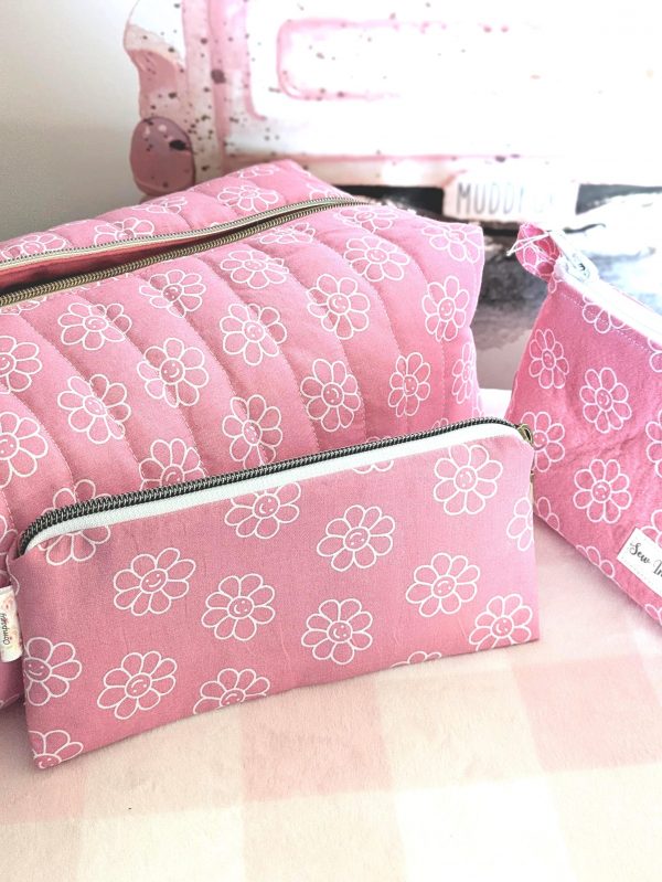 Peachy Pink Flower Power Quilted Pencil Case Handmade