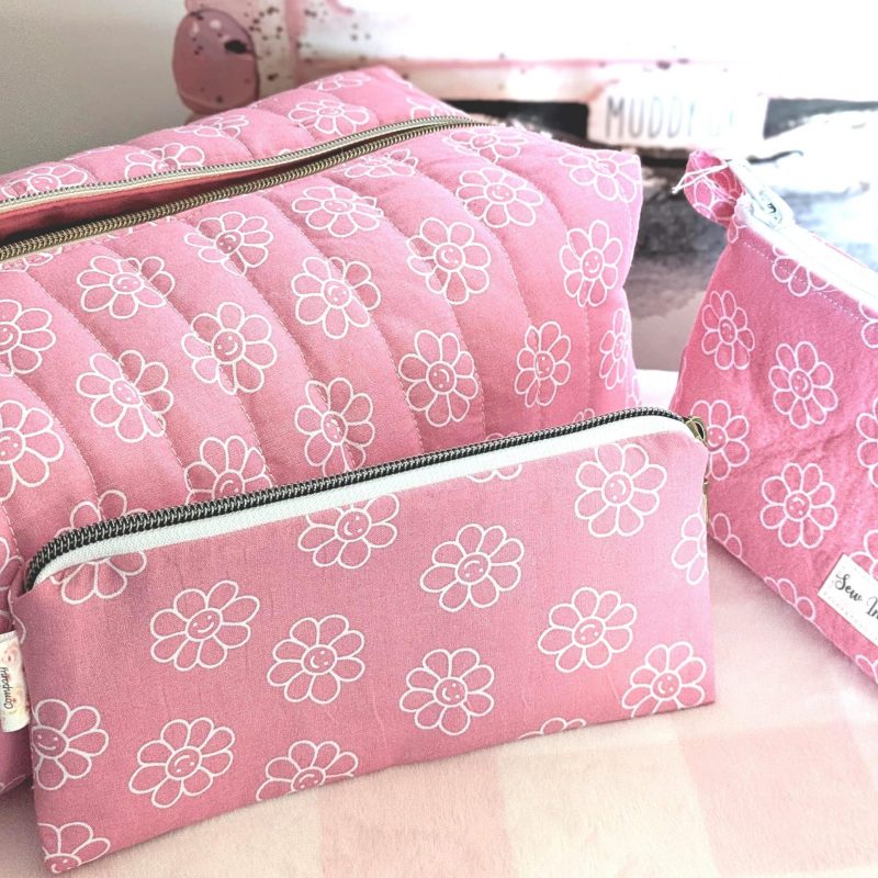 Peachy Pink Flower Power Quilted Pencil Case Handmade