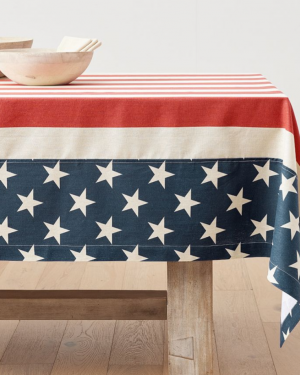 Patriotic 250th Anniversary Tablecloth, Red White Stripes, Navy Stars, Handmade, Indoor Outdoor Canvas, 72x40 Material