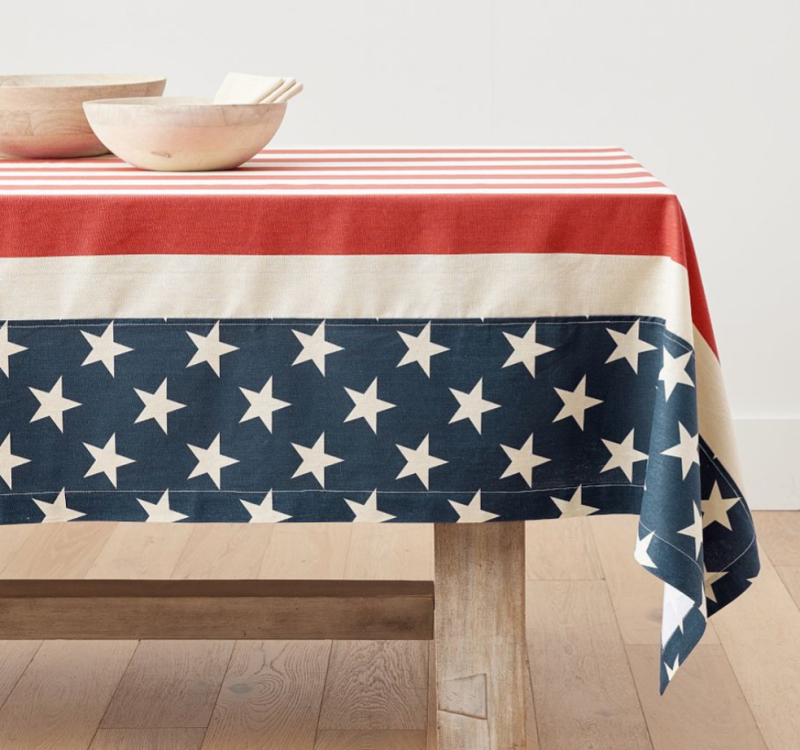 Patriotic 250th Anniversary Tablecloth, Red White Stripes, Navy Stars, Handmade, Indoor Outdoor Canvas, 72x40  Material