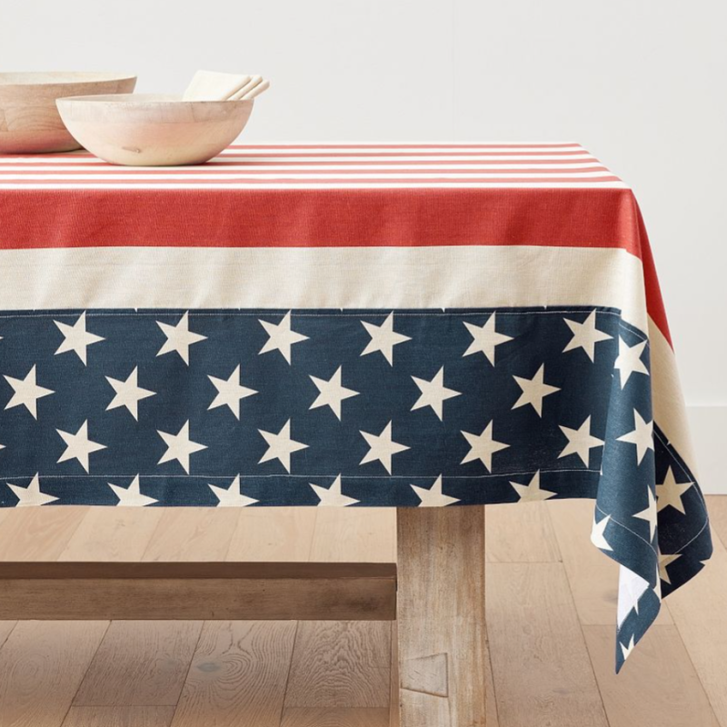 Patriotic 250th Anniversary Tablecloth, Red White Stripes, Navy Stars, Handmade, Indoor Outdoor Canvas, 72x40  Material
