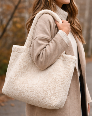 Sherpa Tote Bag with Sherpa Straps | Minimalist Winter Tote | Cozy Cream Faux Shearling Bag