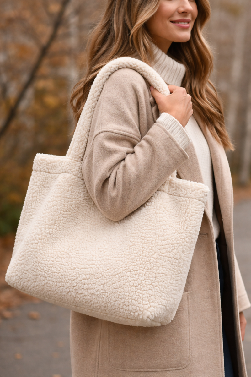 Sherpa Tote Bag with Sherpa Straps | Minimalist Winter Tote | Cozy Cream Faux Shearling Bag