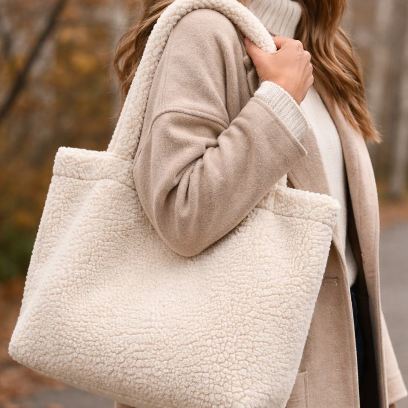 Sherpa Tote Bag with Sherpa Straps | Minimalist Winter Tote | Cozy Cream Faux Shearling Bag